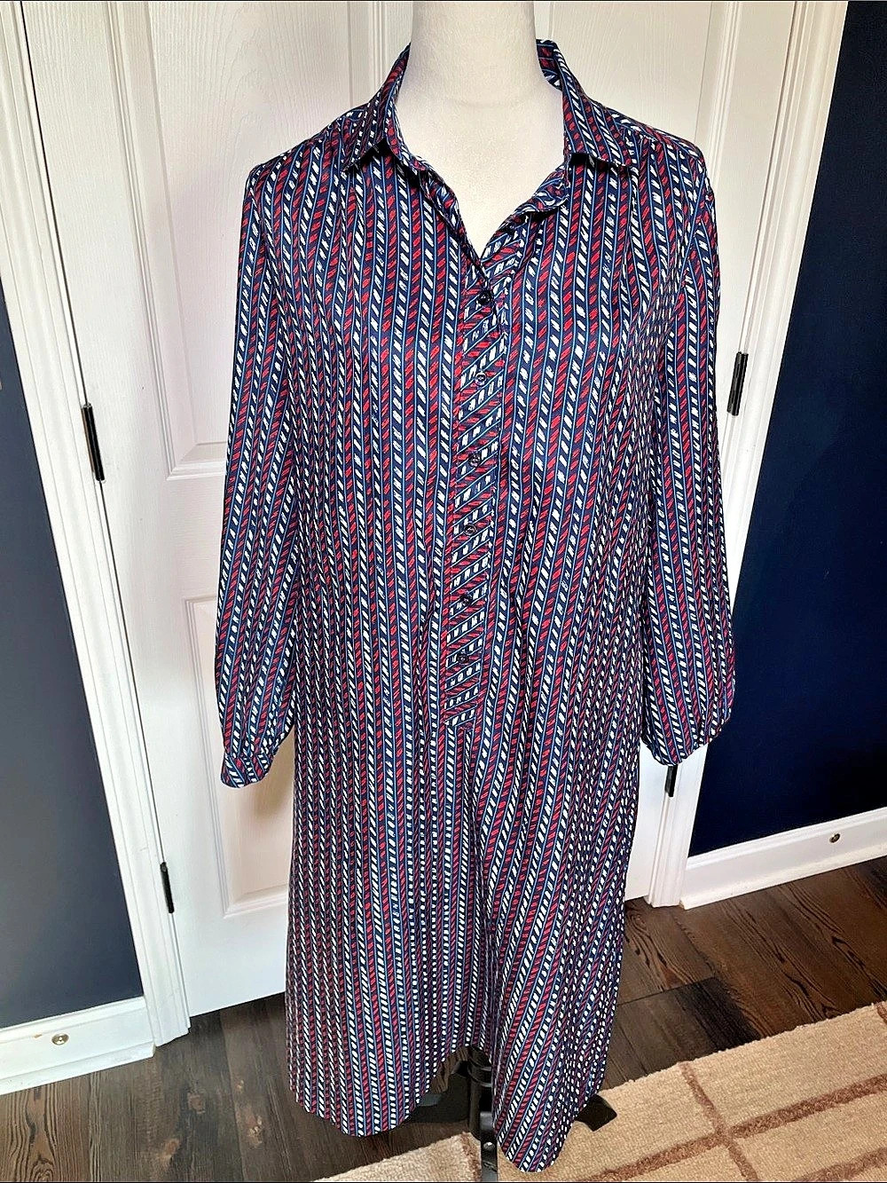 Vintage Schrader Sport New York Shirt Dress Graphic Geometric Red Blue Midi Sz L
